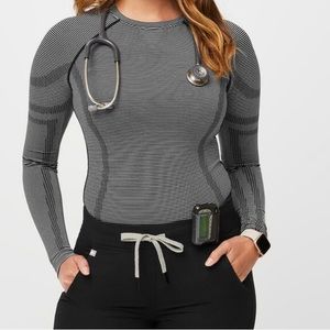 Figs Salta long sleeve underscrub top, black&white stripe
